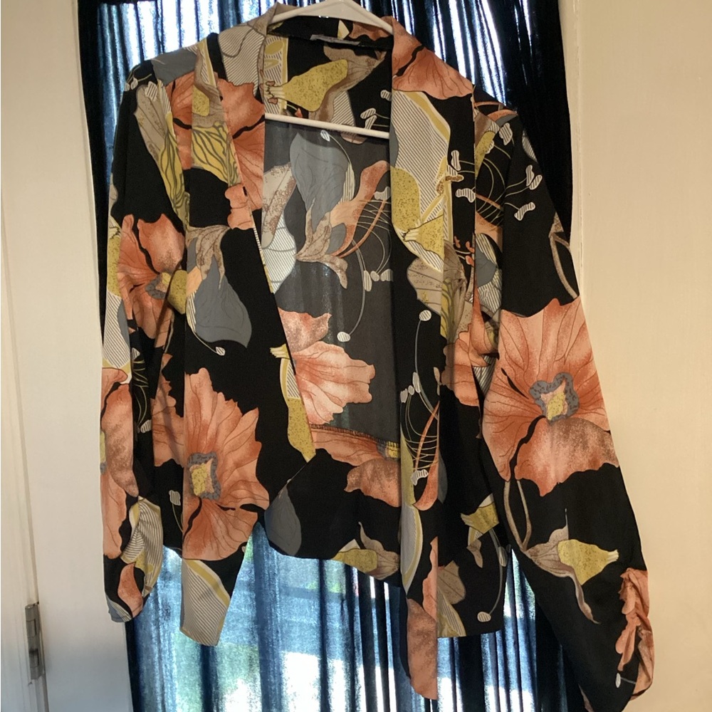 Open-Front Floral Blazer Jacket - Black with Peach & Olive Accents
